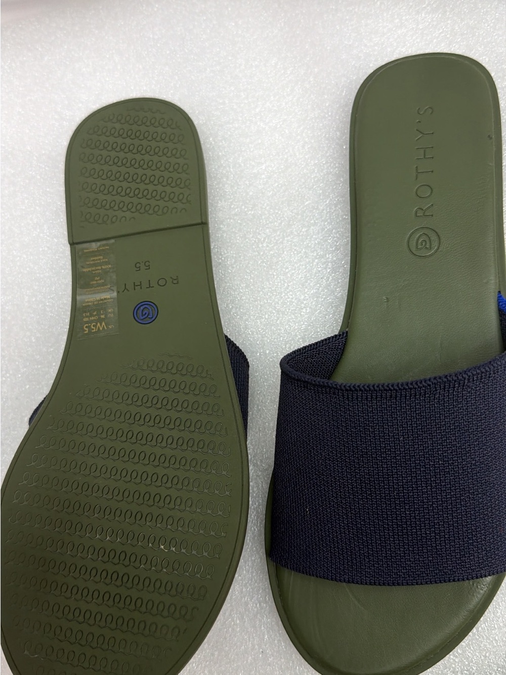 Rothy's Olive Green Footbed Slide Sandals with Navy Knit Strap new without box - Picture 3 of 3
